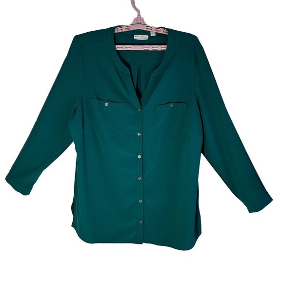 Susan Graver Tops - Susan Graver Stretch Woven Button Front Long Sleeve Teal Shirt Size 20